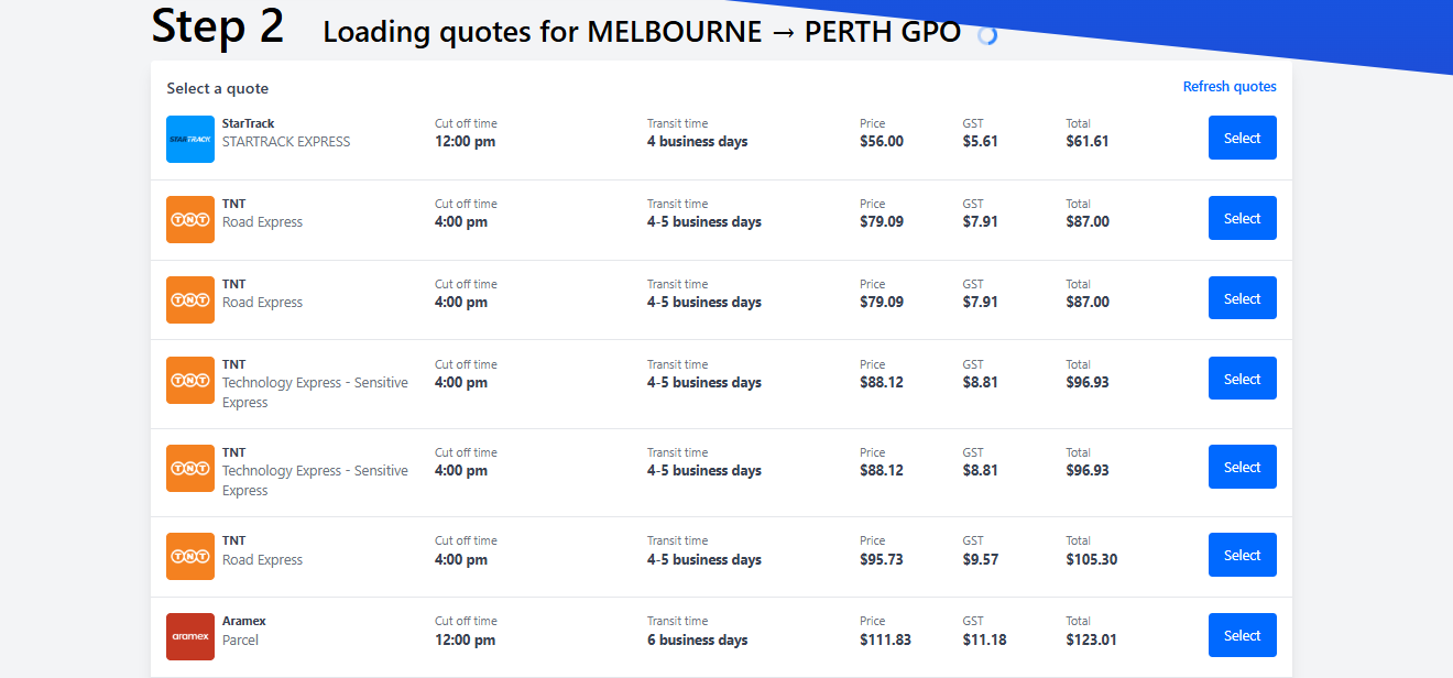 Alt text: Couriers & Freight Carrier Options Page