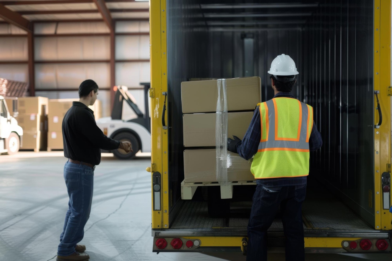 Alt text: Warehouse employees loading up a truck trailer