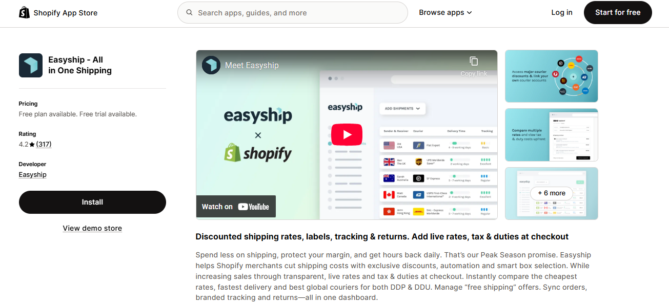 Alt text: screenshot from Easyship’s Shopify listing
