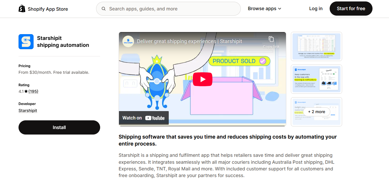 Alt text: screenshot from Starshipit’s Shopify listing