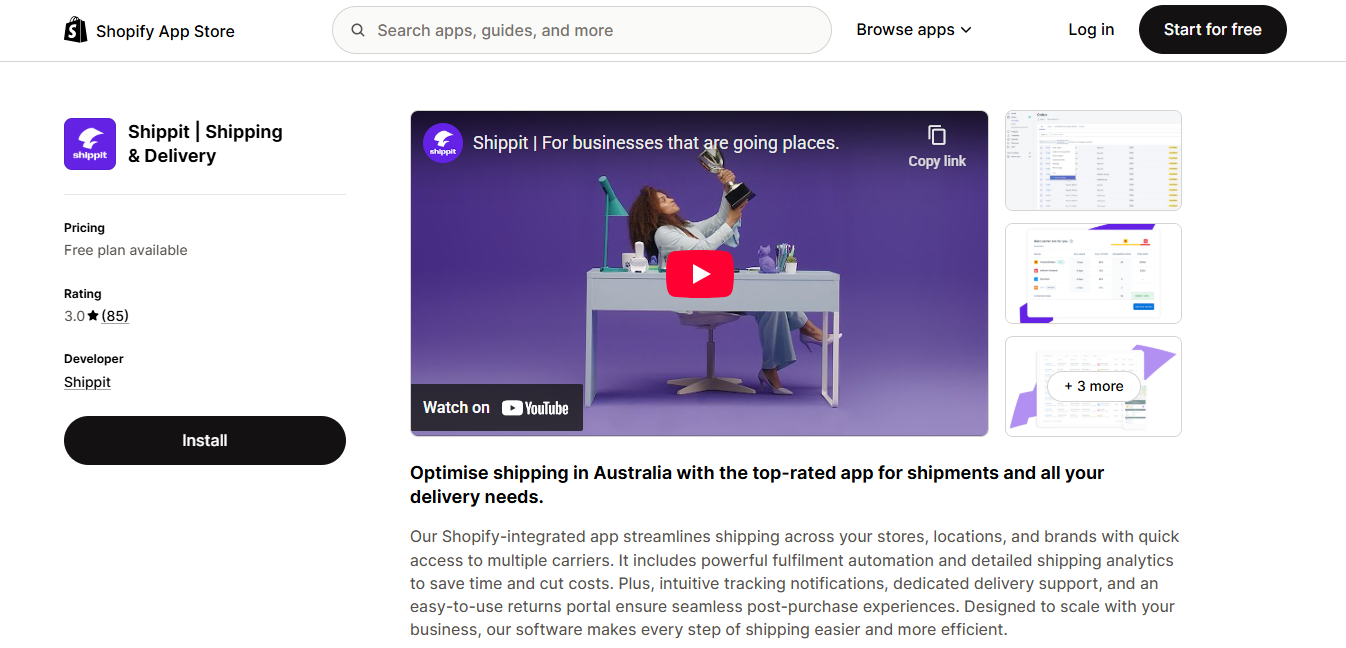 Alt text: screenshot from Shippit’s Shopify listing