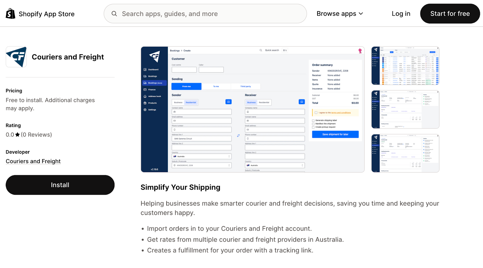 Alt text: screenshot from Couriers & Freight’s Shopify listing