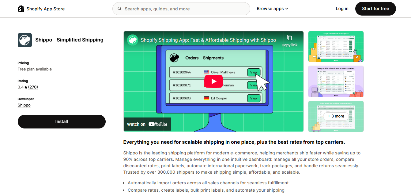 Alt text: screenshot from Shippo’s Shopify listing