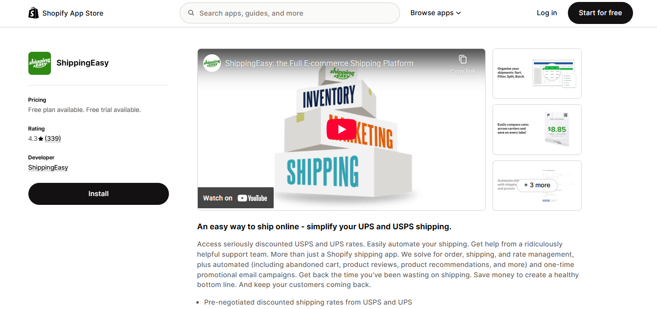 Alt text: screenshot from ShippingEasy’s Shopify listing