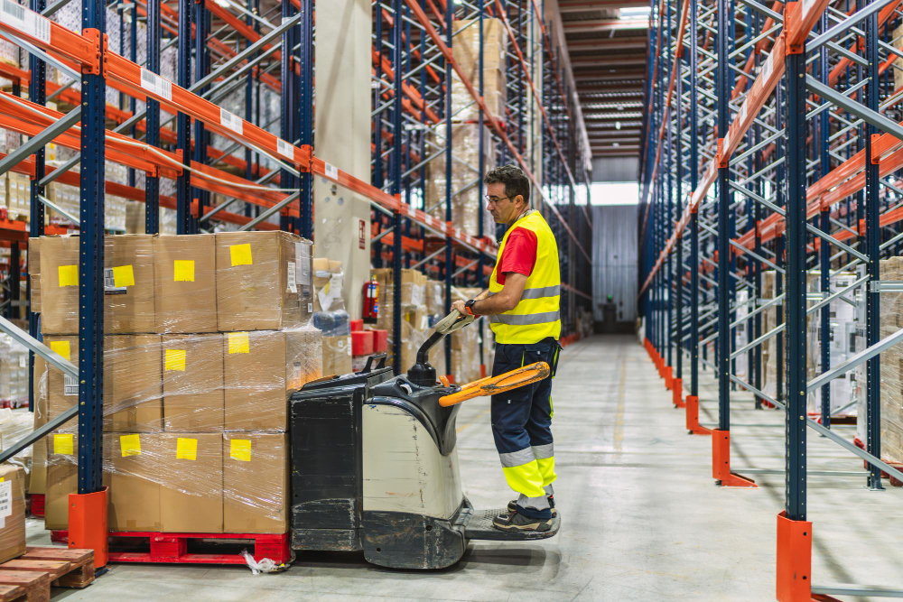 Alt text: Interior of storage warehouse worker with electric forklift pallet jack unloading pallet goods