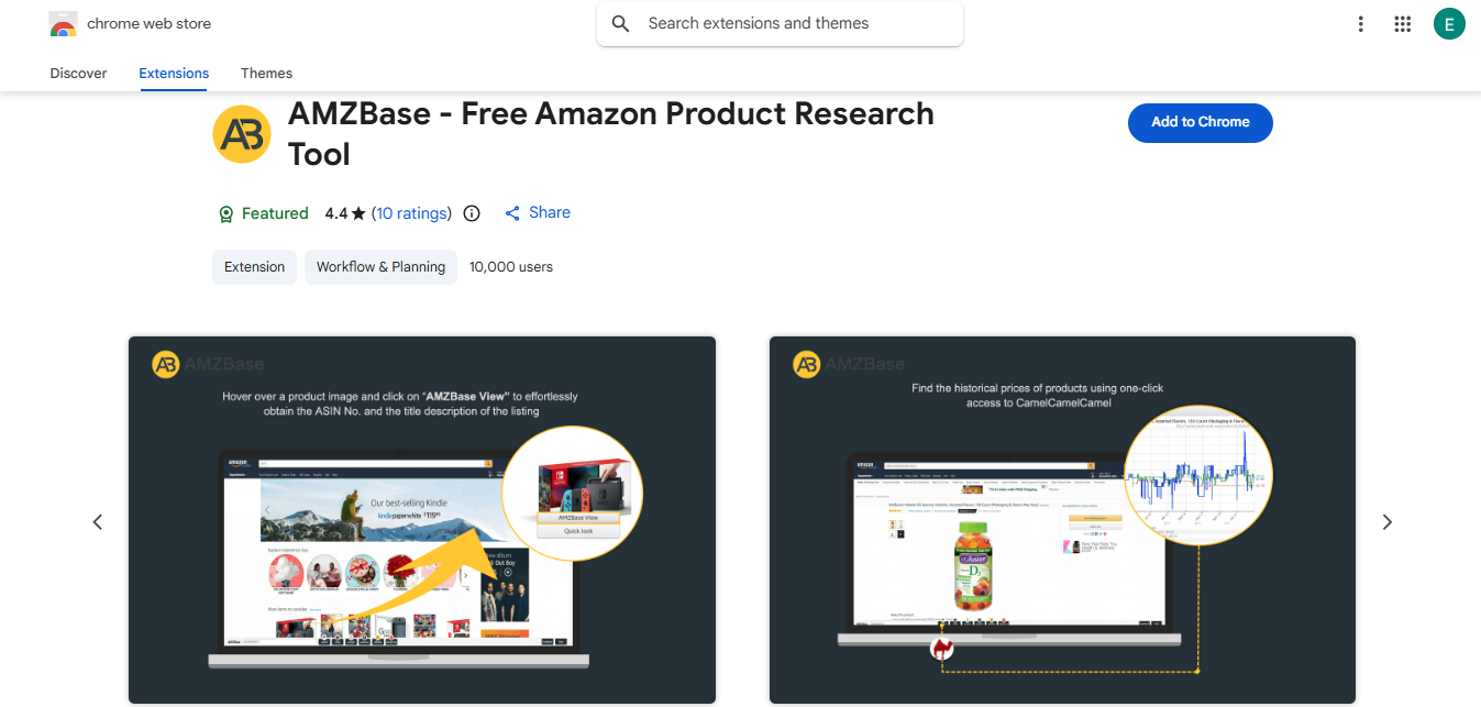 Alt text: AMZBase Chrome Web Store page