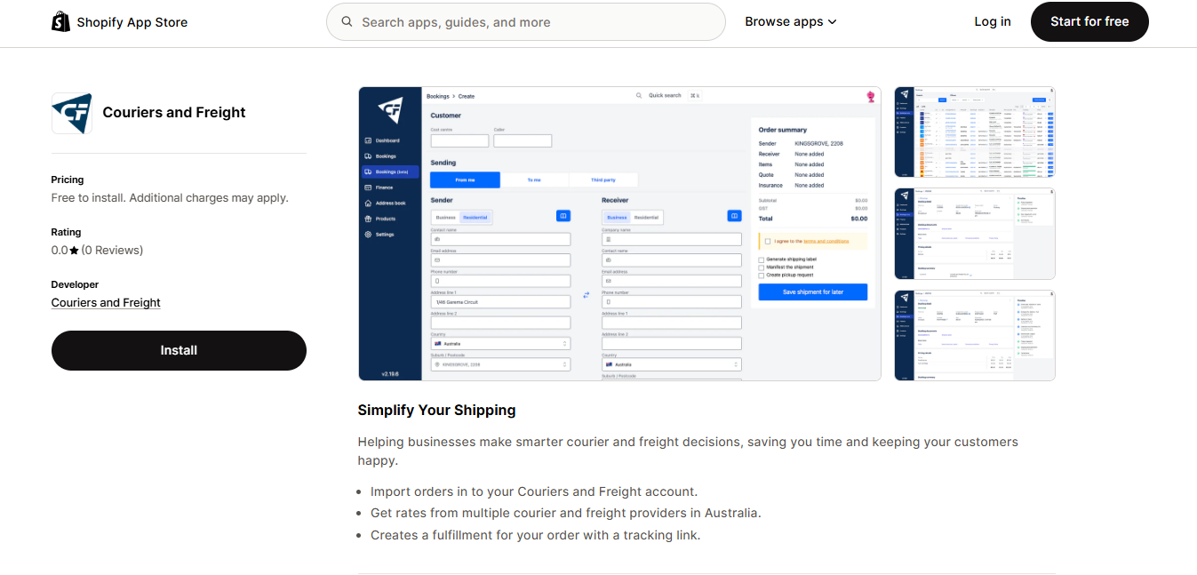 Alt text: Couriers & Freight’s Shopify Shipping App page