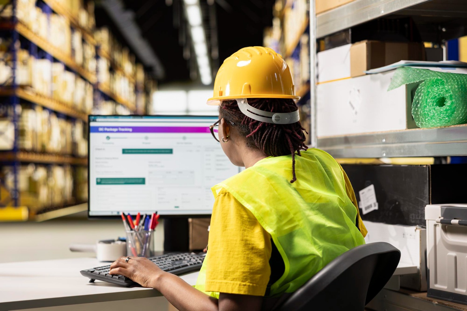 Alt text: An employee monitors shipment status records.