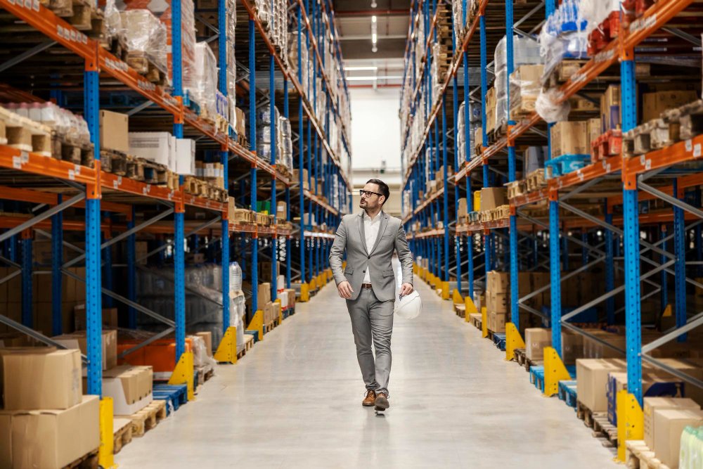 An executive is walking trough the storage and looking at the goods