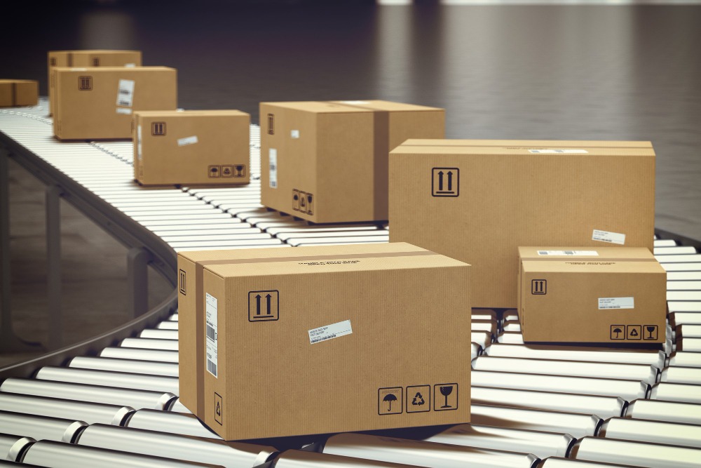 Alt text: Closed cardboard boxes and wrapped with adhesive on conveyor roller