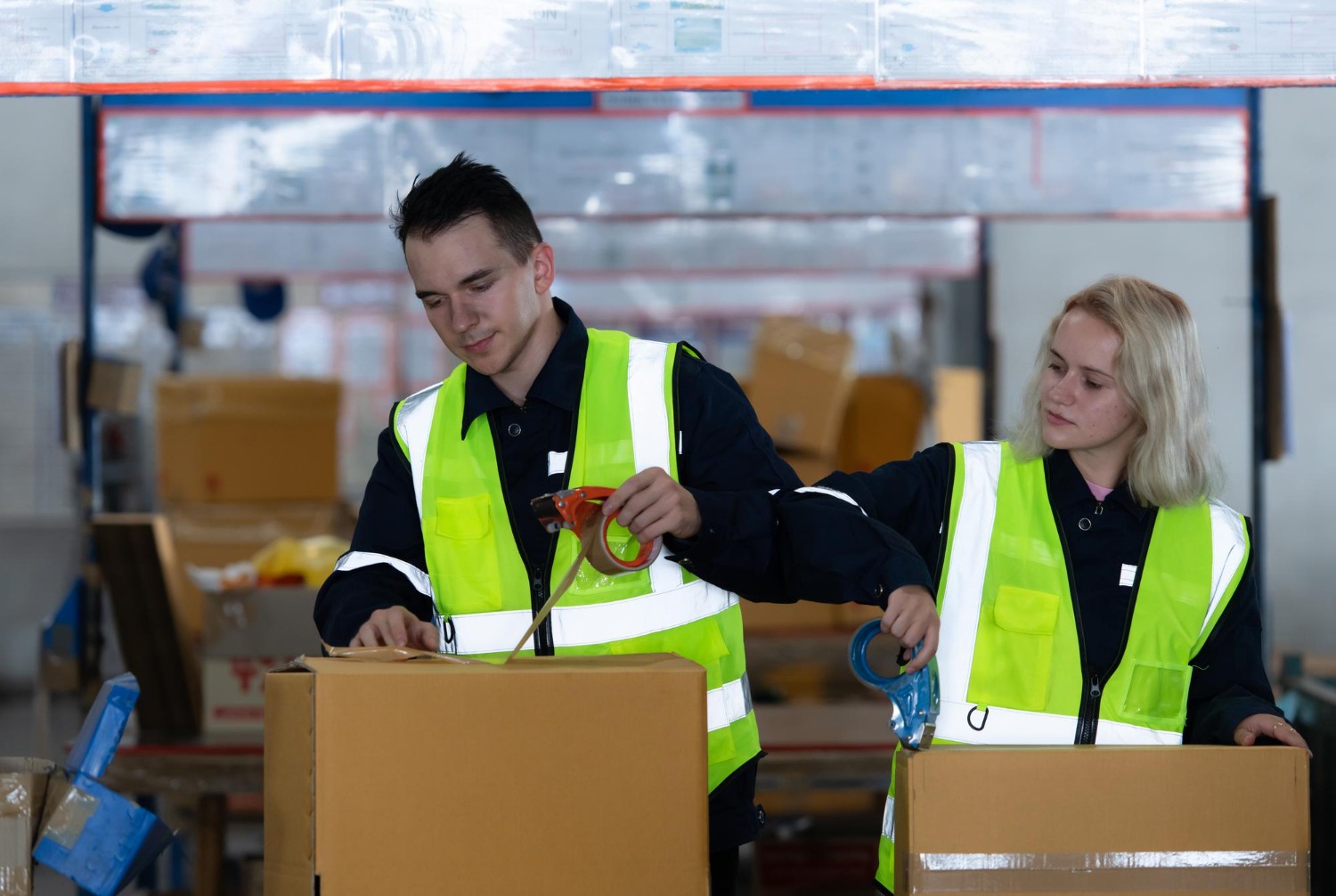 Alt text: Warehouse workers in high-visibility vests sealing cardboard boxes with packing tape at a pick and pack fulfilment station.