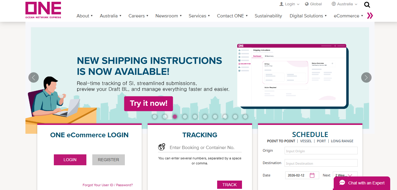 Alt text: Ocean Network Express homepage