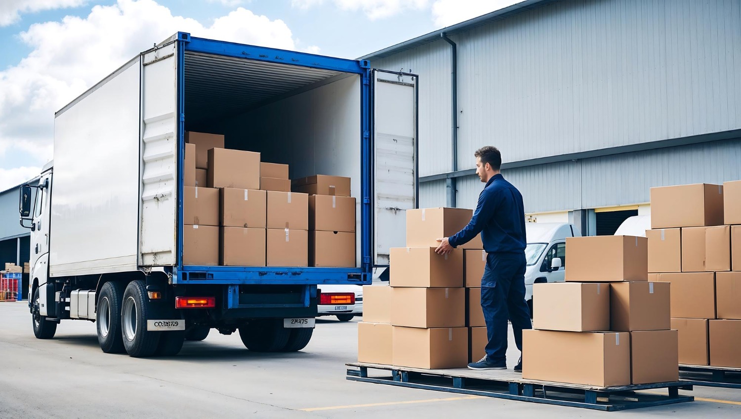 Alt text: A worker in blue overalls lifts a cardboard box onto a pallet next to a large white delivery truck with its open cargo bay filled with boxes. They are on an asphalt lot in front of a modern grey warehouse under a partly cloudy sky.