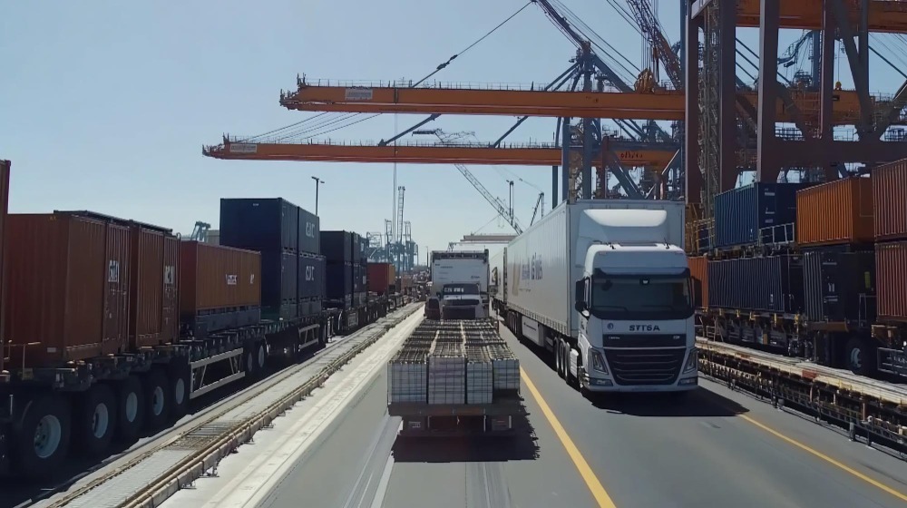 Alt text: Trucks and containers at a busy port