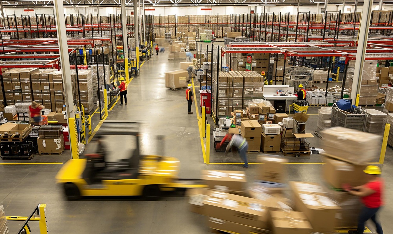 Alt text: Busy warehouse fulfilment centre with workers picking and packing orders, pallets of goods stacked on racks, and a forklift moving cartons through aisles.