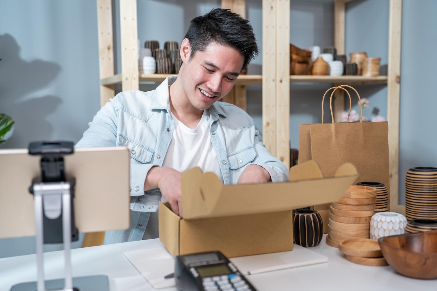 Alt text: Small business seller packing products into a cardboard box at a home workspace, preparing orders for shipping to customers.