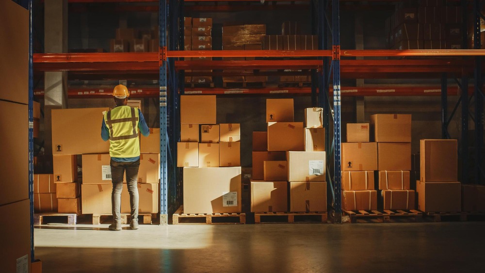 Alt text: Warehouse workers in a warehouse with boxes on the shelves