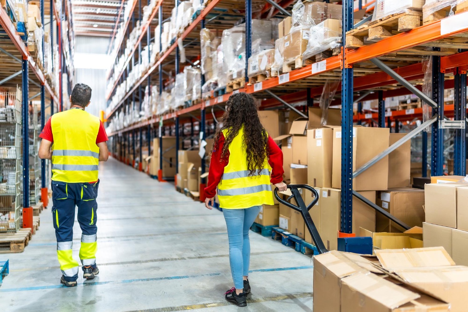 Alt Text: Warehouse workers in high-visibility vests walking through a storage aisle with pallet racking, boxes, and a pallet jack in an organised distribution centre.