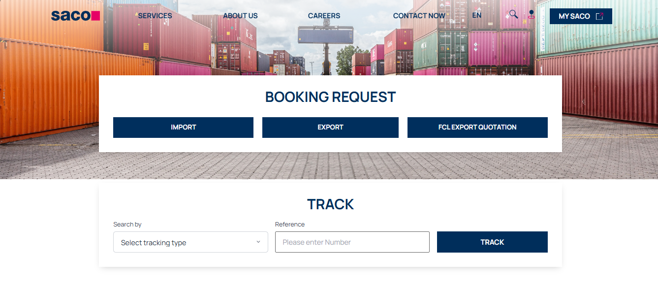 Alt text: SACO Shipping homepage