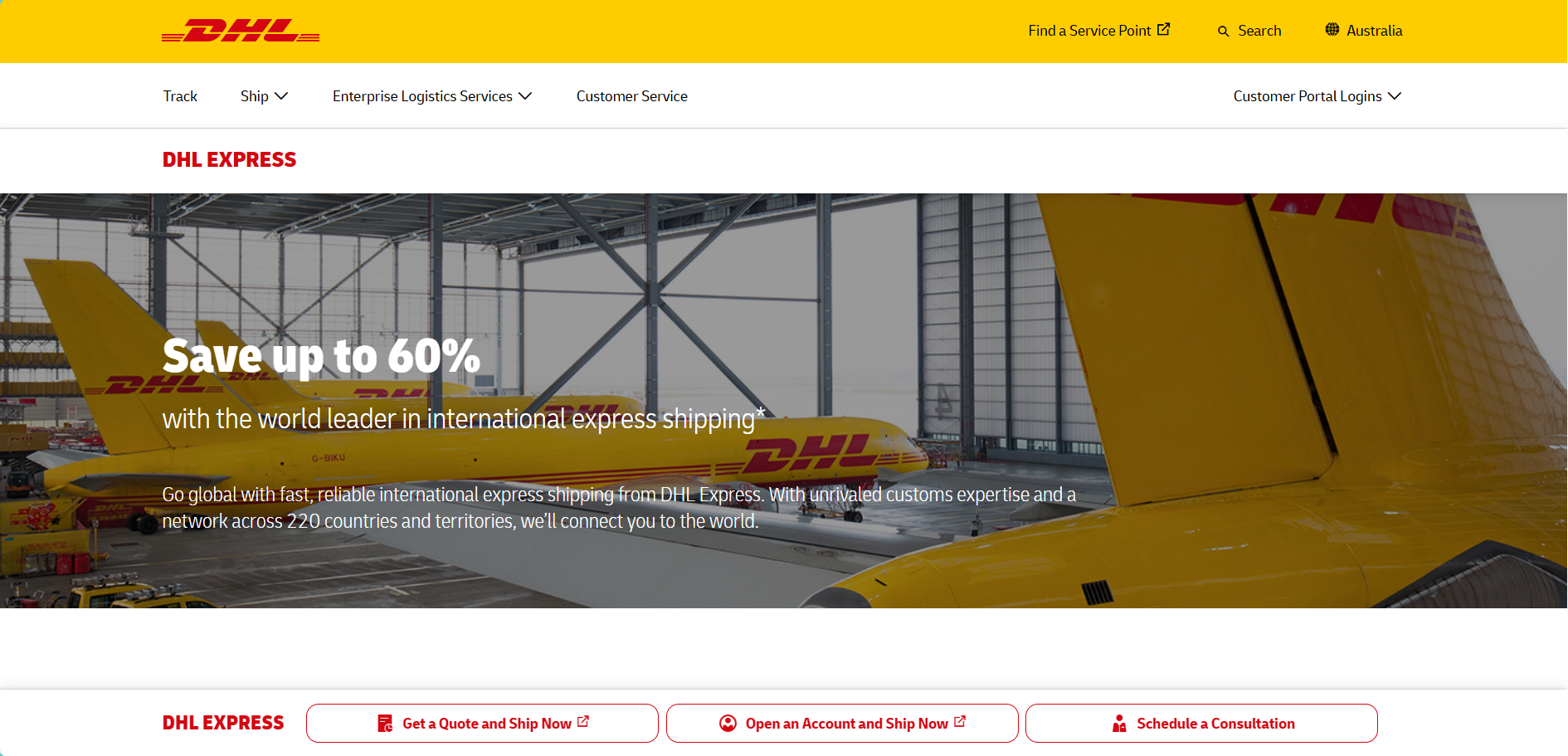 Alt text: DHL Express homepage