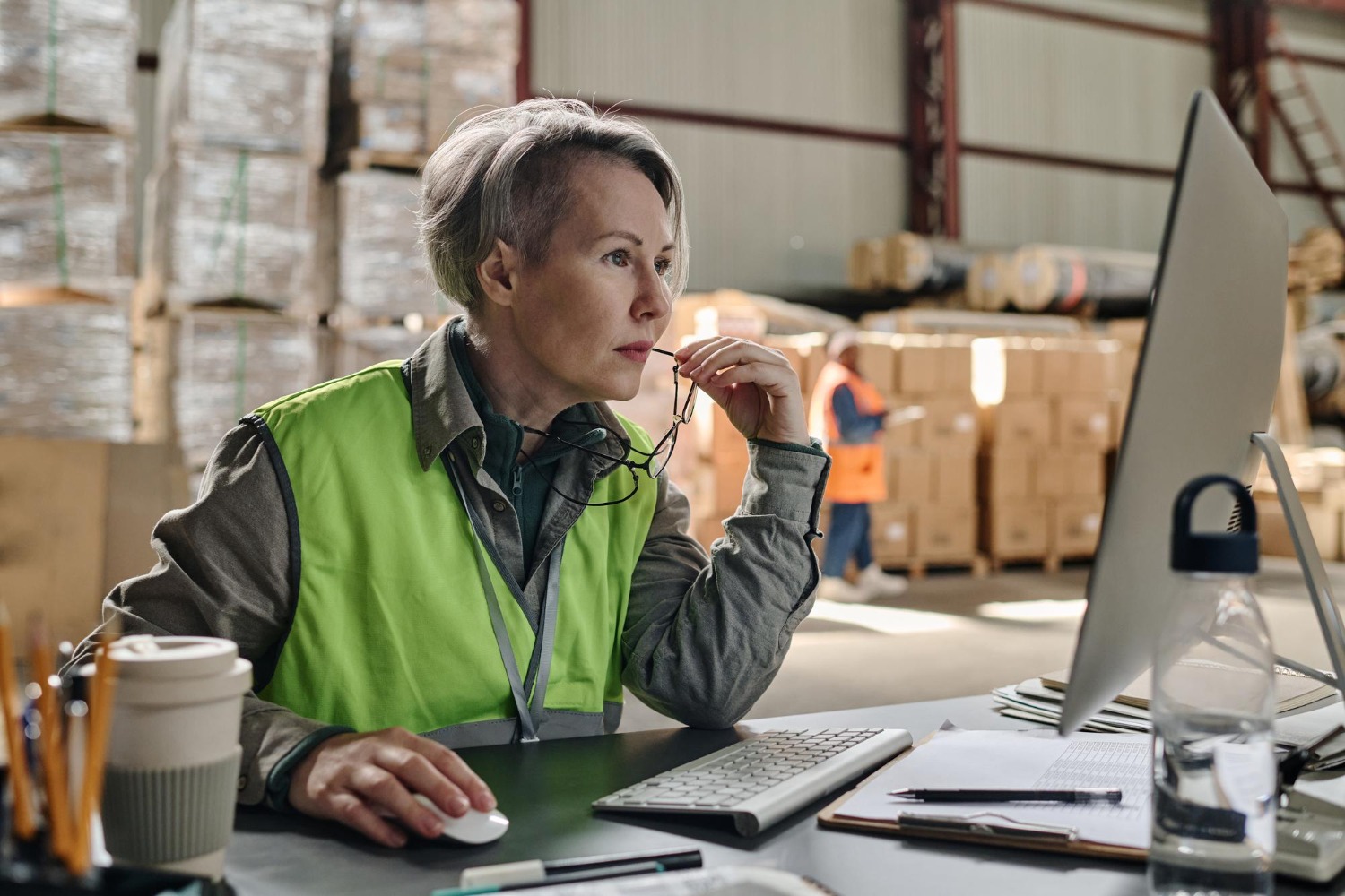 Alt text: Warehouse manager reviewing inventory and fulfilment costs on a computer inside an e-commerce warehouse with pallet storage in the background.