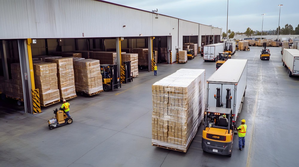 Alt text: Pallets being loaded in a large trucking facility 
