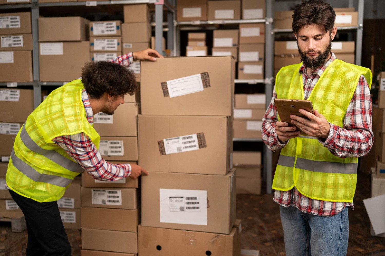 Alt text: Warehouse staff preparing ecommerce stock, with one worker stacking labelled cartons on a pallet while another checks inventory on a tablet in a storage area.