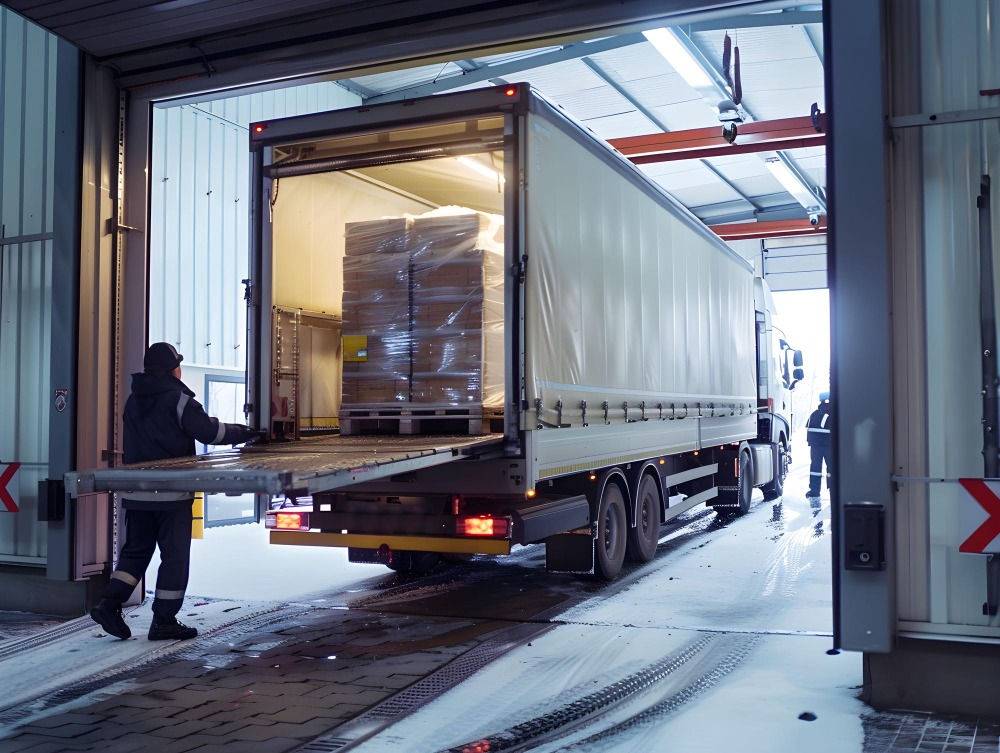 Alt text: Tail lift delivery truck lowered for freight unloading at a commercial transport facility.