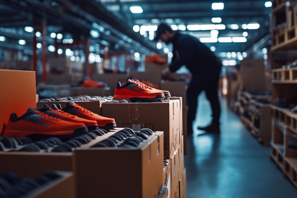 Alt text: Workers stacking boxes of finished shoes in a warehouse for shipping