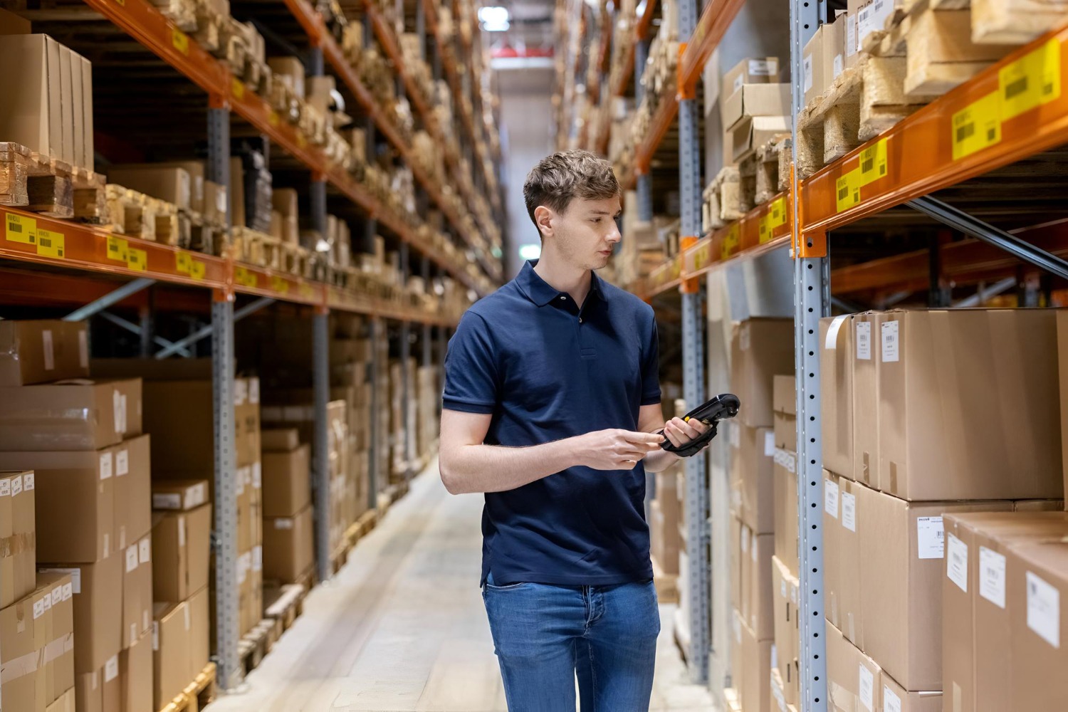 Alt text: Warehouse worker conducting inventory checks with a handheld barcode scanner among shelves of boxed stock in a distribution warehouse.