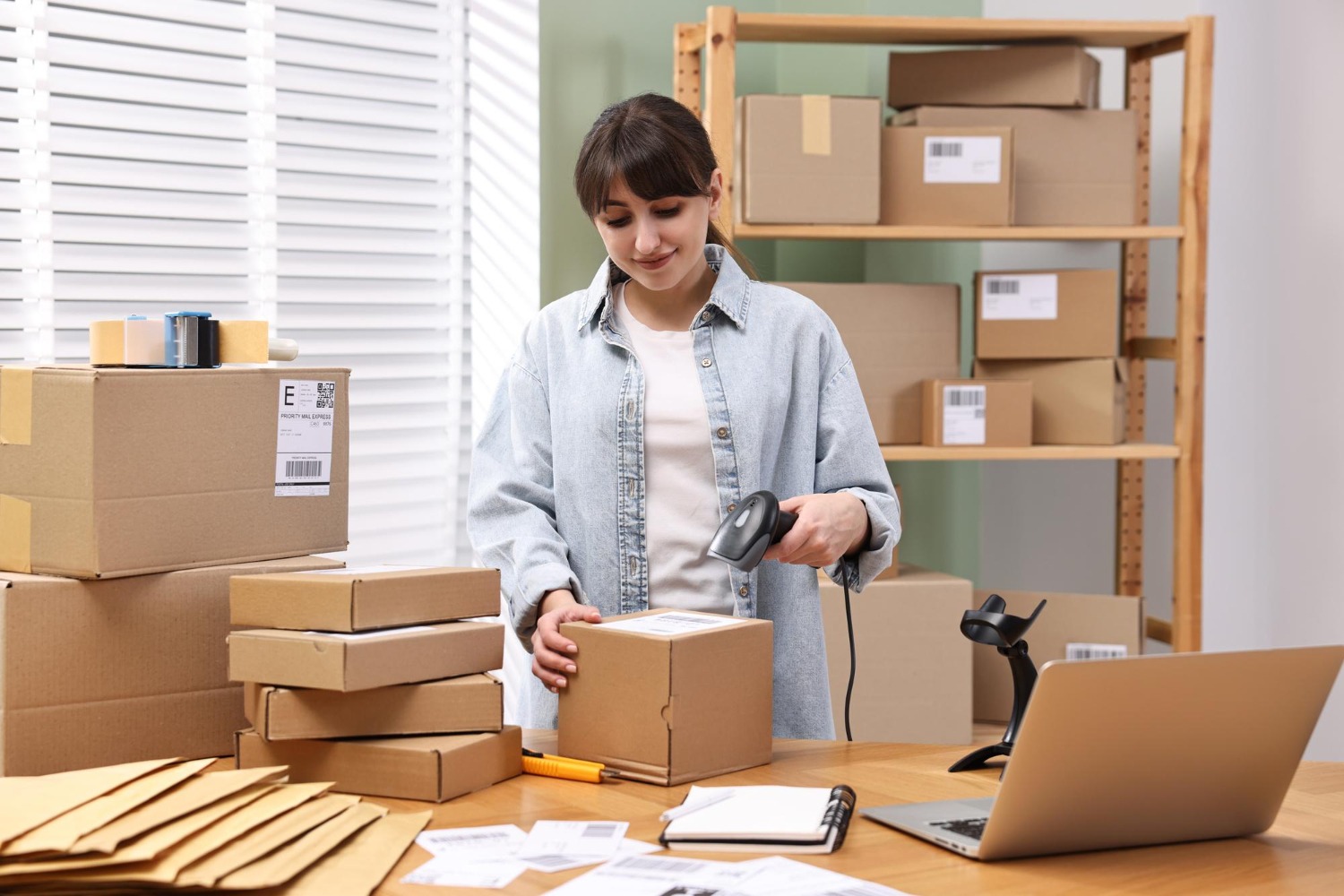 Alt text: Small online seller scans and labels a parcel at a packing table with stacked boxes, mailers, and a laptop in a home stockroom.