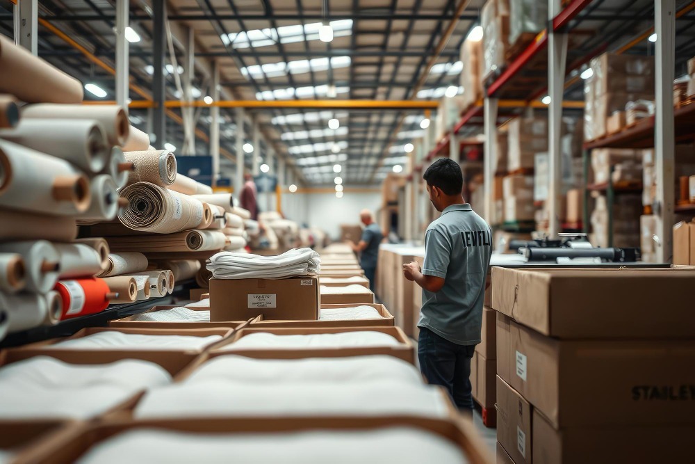 Alt text: Warehouse worker near textile rolls.