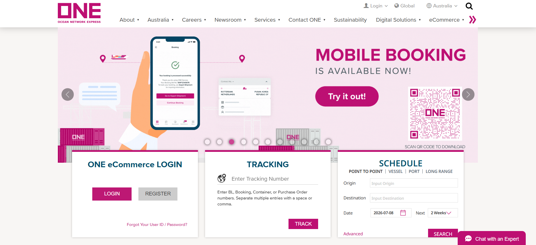 Alt text: Ocean Network Express (ONE) homepage