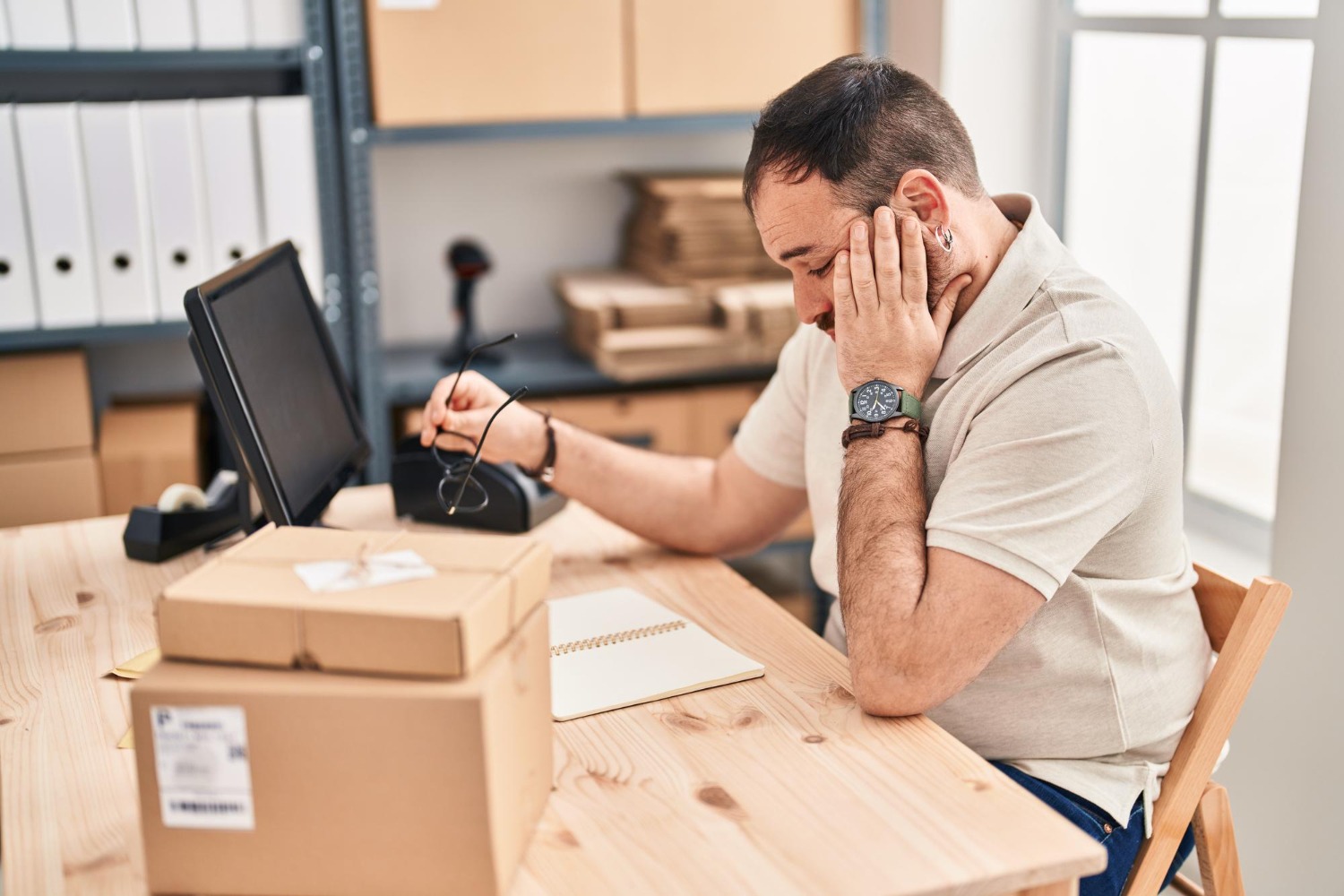 Alt text: Small business owner sitting at a desk with shipping boxes and packaging supplies while managing ecommerce orders. 