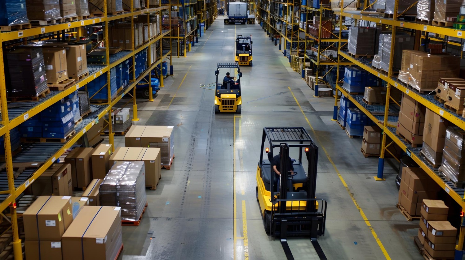 Alt text: Large warehouse with high pallet racking and multiple forklifts transporting pallets through wide storage aisles.