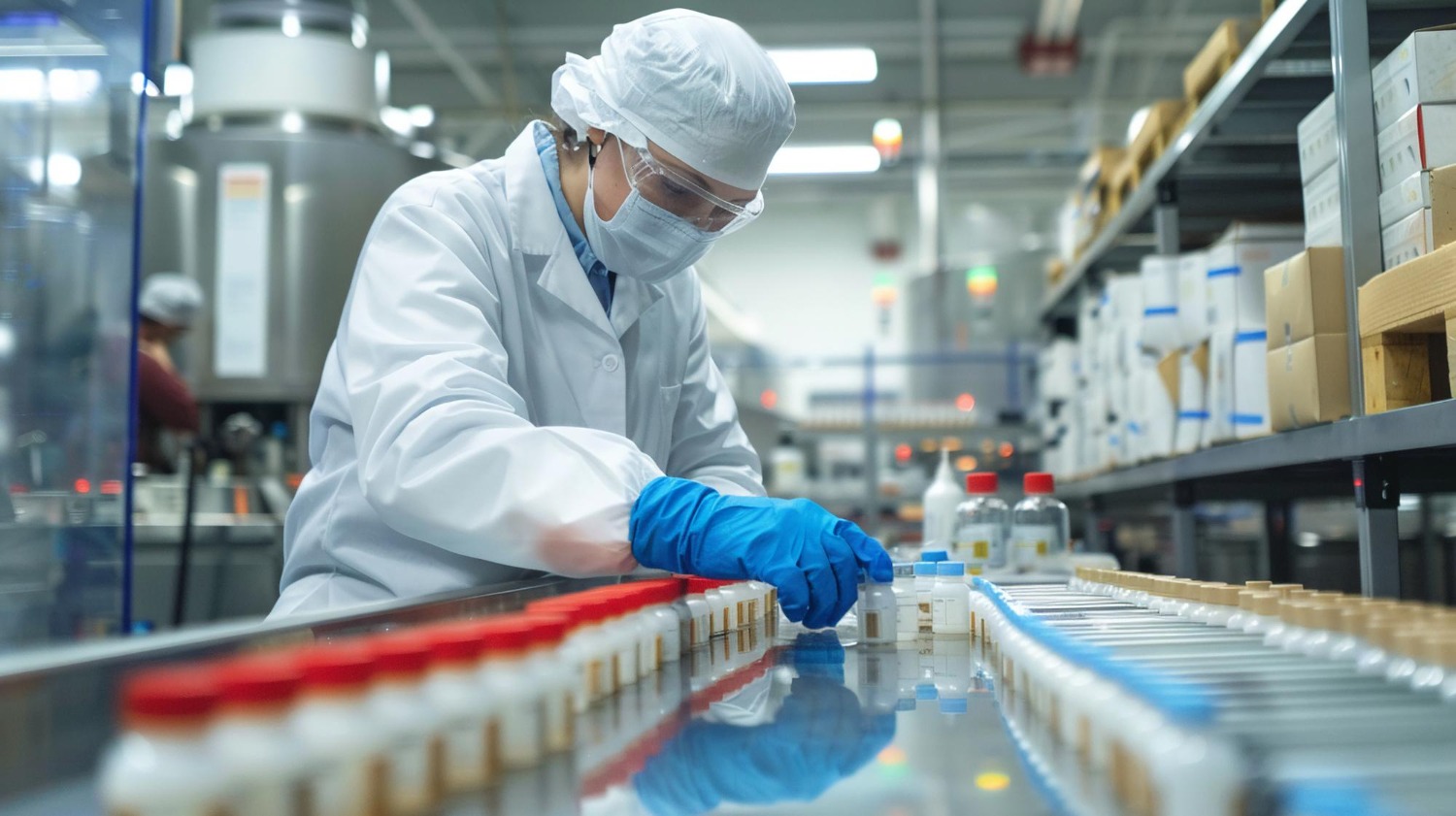 Alt text: Pharmaceutical worker in protective gear inspecting medicine bottles on a conveyor line in a manufacturing facility.