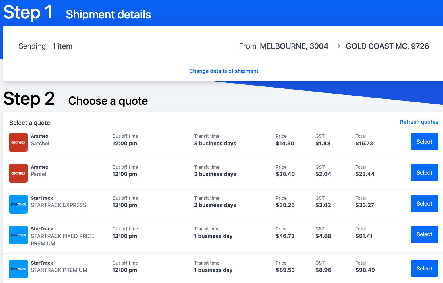 Alt text: Sample quote from Couriers & Freight platform, shipping from Melbourne to Gold Coast