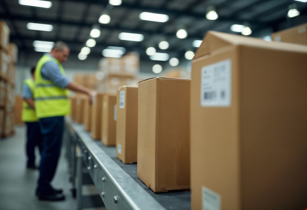 Alt text: Warehouse worker on conveyor belt