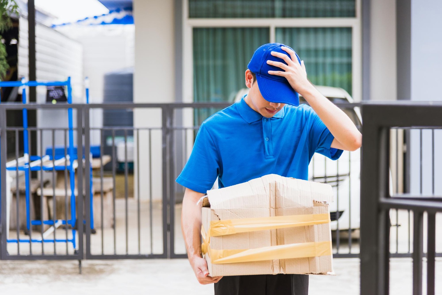 Alt text: Delivery worker carrying a damaged cardboard package outside a building.