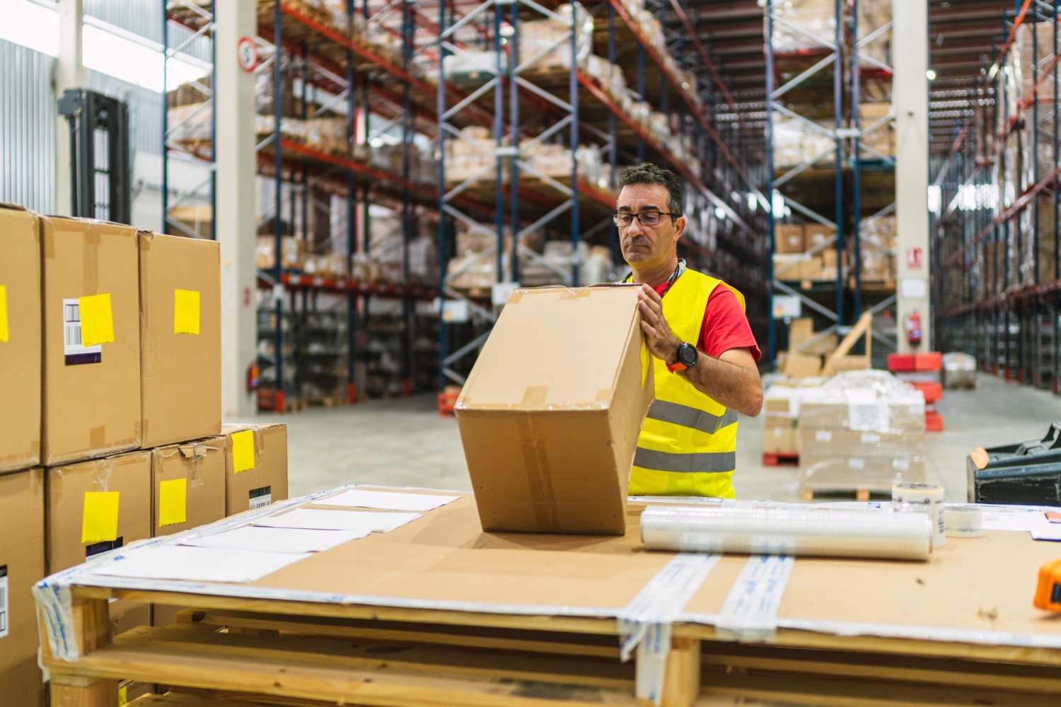 Alt text: Warehouse worker handling a cardboard shipping box at a packaging station.