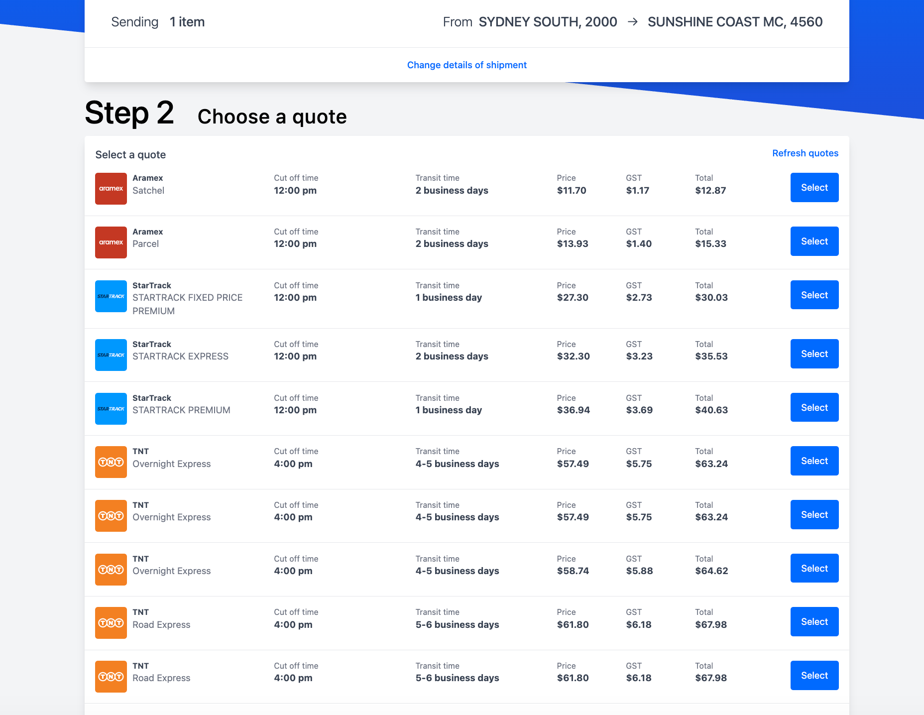 Alt Text: Couriers & Freight sample quote