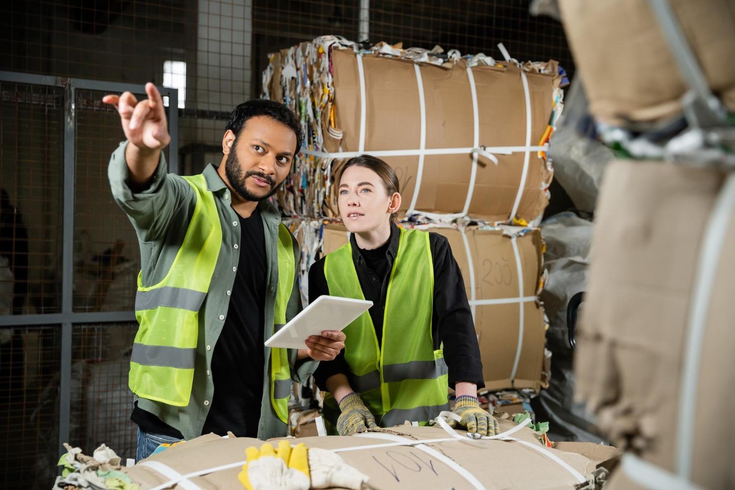 Alt text: Logistics workers inspecting and handling large bundled shipments in a warehouse.