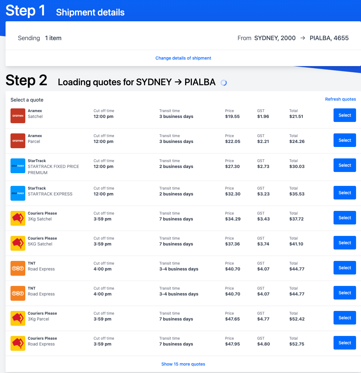 Alt text: Sydney to Pialba quote on Couriers & Freight platform