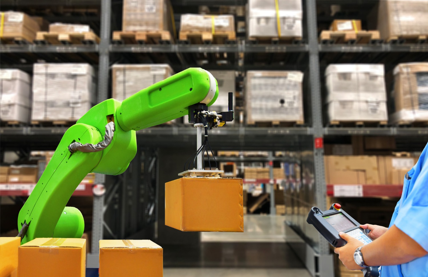Alt text: Robotic warehouse system handling inventory inside a modern Amazon-style fulfilment centre with pallet storage.