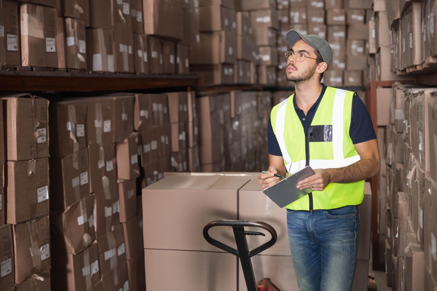 Alt text: Warehouse worker checking inventory among stacked cardboard boxes.