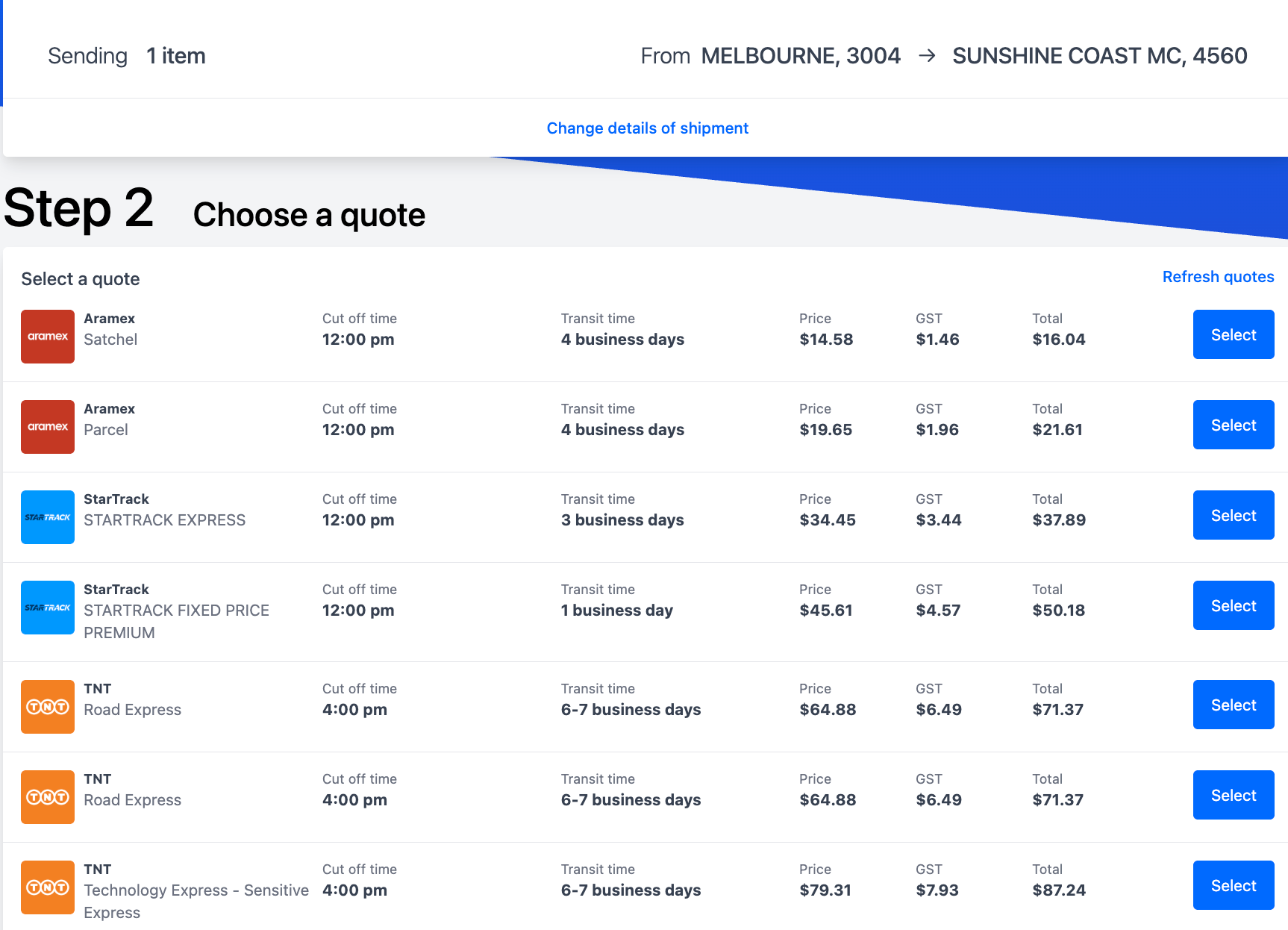Couriers & Freight booking platform with sample quotes from Melbourne to Sunshine Coast