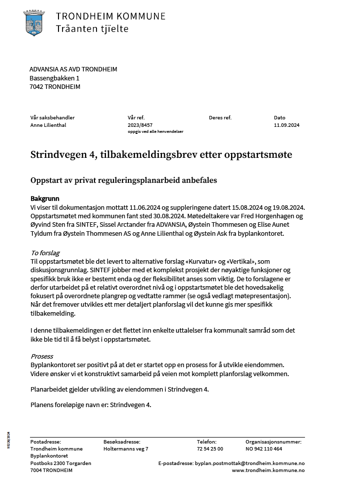 Strindvegen 4, tilbakemeldingsbrev etter oppstart
