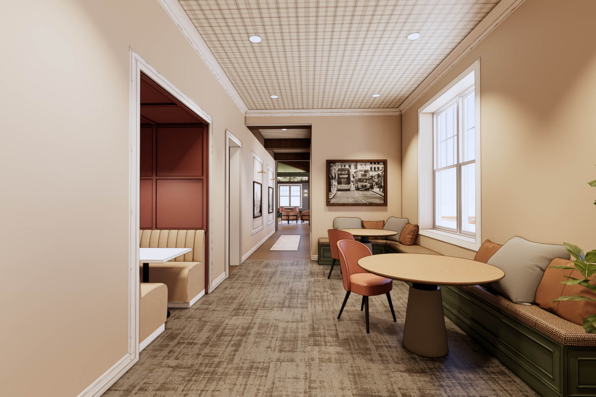 Interior rendering of coworking space at Windsor Place clubhouse
