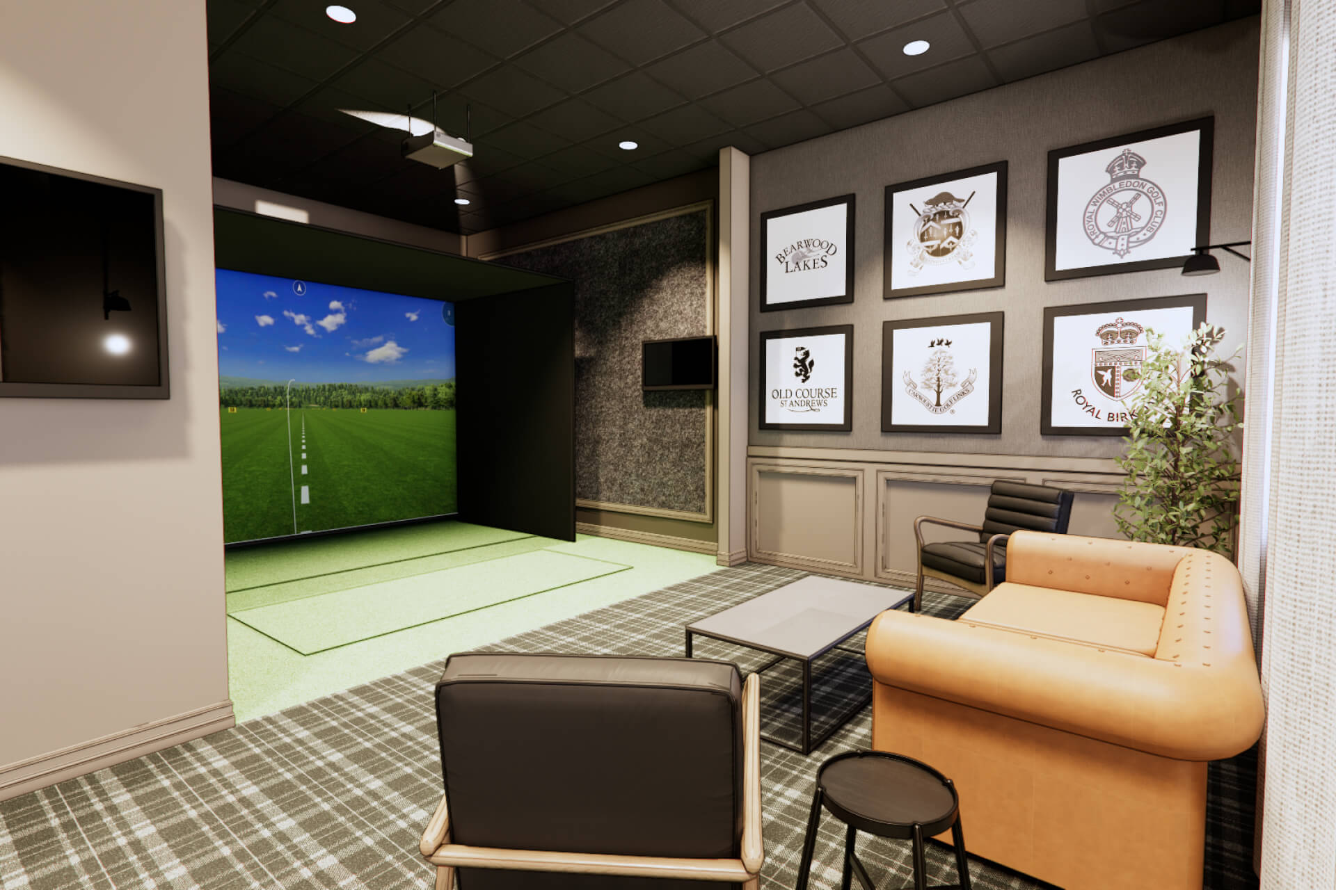 Interior rendering of golf simulator room at Windsor Place clubhouse