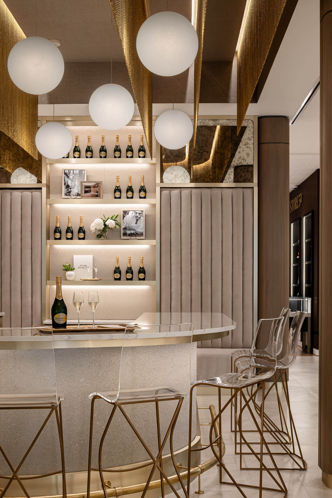 Diamond Cellar Easton champagne bar with stools lighting and accessories